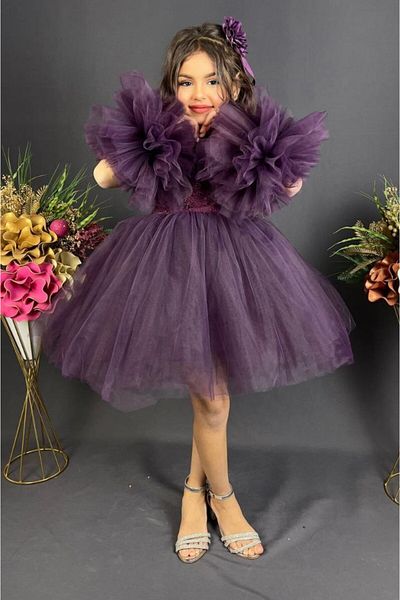 ABİYEKİDS Plum Pompom Lace Embroidered Style Children's Evening Dress ABY940