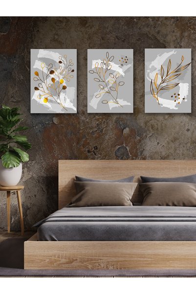 YALOVA SHOP Fırça İzlerine Minimalist Gold Bitki Dokunuşları Dekoratif 3 lü Tablo Seti