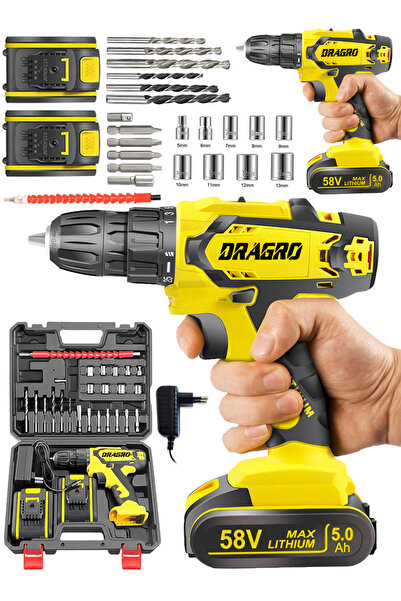 Dragro Alman 58 V 5 Ah Darbeli Bakır Sargılı Metal Şanzuman Şarjlı Çift Akülü...