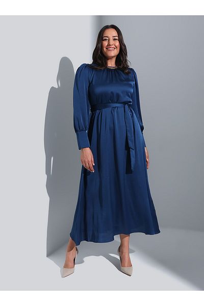ALİA Balloon Sleeve Plus Size Satin Dress - Navy Blue - Alia