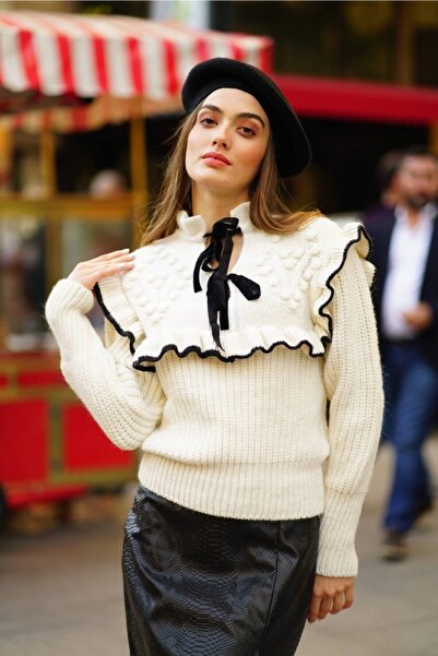 RASHE PRİVE Frilly White Polyelite Lycra Knitwear Sweater