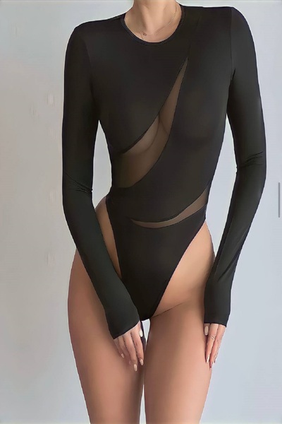 Fashiontayt BODY DETALAT TUL CU MANELE LUNGHE SCUBA FABRIC