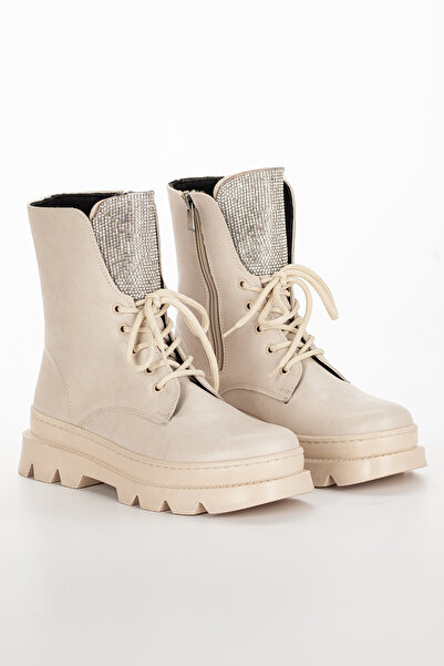 LULO Kadın Ten Bej Bileği Taşlı Kalın Platform Tabanlı Bağcıklı Fermuarlı Spor Şık Bot K1005