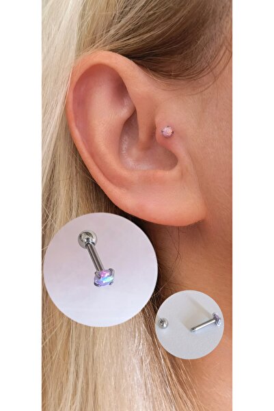 Bylin %100 316 L Cerrahi Çelik Hakiki Pembe Opal Taşlı Piercing (Taş çapı 3mm...