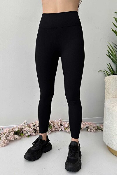 3MMM TEKSTİL Visok struk Rebrasto Ženske tajice bez podizanja - crne