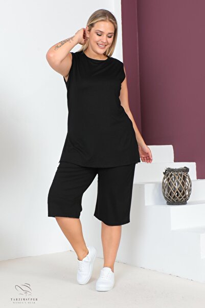 tarzımsüper Plus Size Comfort Model Capri 2-Piece Suit with Elastic Waist and Pocket Capri Shorts Top-Top 2-Piece Set