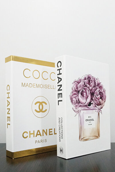 BayCazip 2'li Dekoratif Kitap Kutu Görünümlü Coco Beyaz Yaldız & Chanel No5 P...