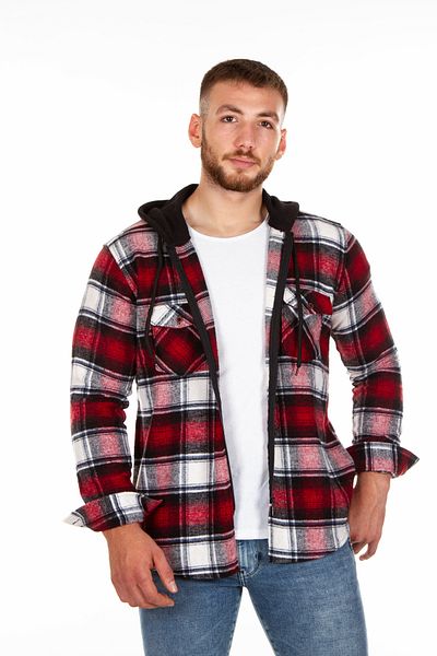 BENESSE Hooded Zippered Unisex Red Oversize Lumberjack Shirt