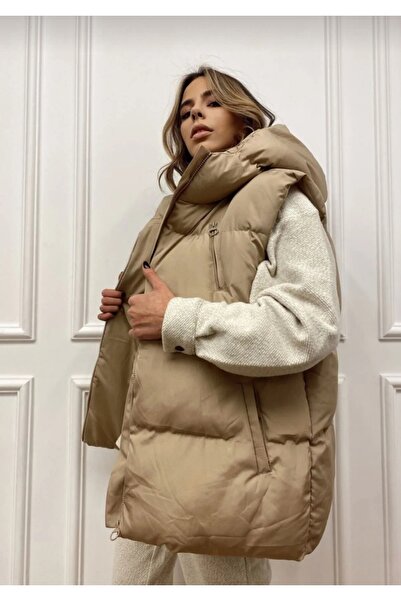 moda alkoc Kapüşonlu Boyfriend 3 Cepli Oversize Şişme Yelek