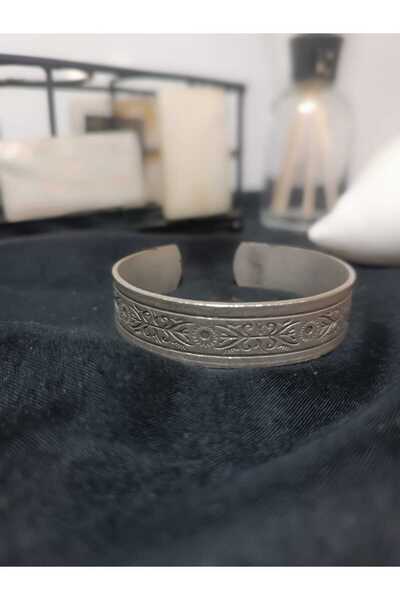 KAVELE %100 Saf Bakır Bileklik Enli Motifli Bileklik-Gümüş Kaplamalı