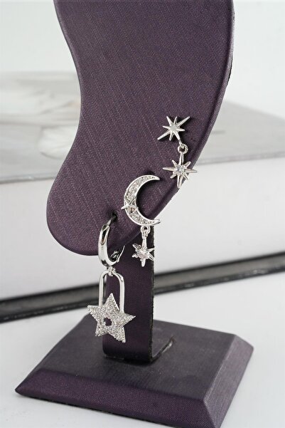 By Zeyna Aksesuar Kadın Vip Seri Zirkon Taşlı Ay ve Yıldız Model 3'lü Küpe Seti