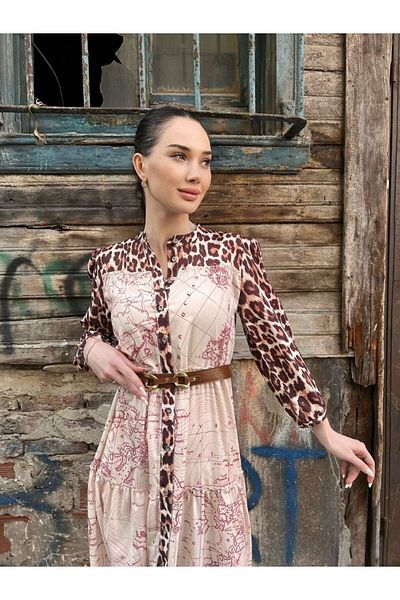 1Moda1Tarz Γυναικείο μάξι φόρεμα με κουμπιά με στάμπα λεοπάρ μοτίβο με ζώνη
