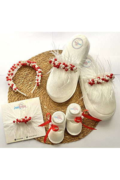 irembaby Anne Bebek Lohusa Seti Kırmızı İncili Tüylü Lohusa Tacı Terliği ve B...