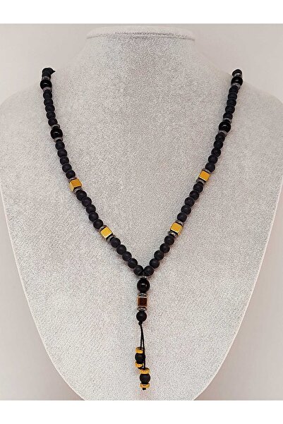 Yasamtohumu Onyx & Gold Colored Cube Hematite Stone Design Men's Necklace