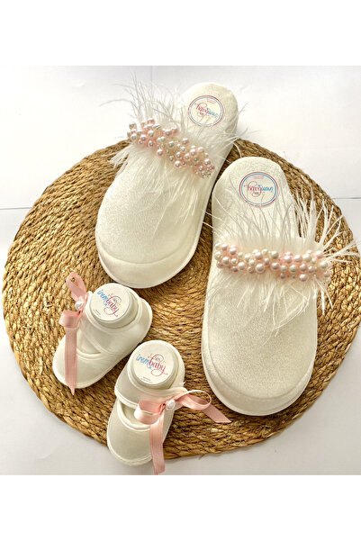 irembaby Anne Bebek Lohusa Seti Pembe İncili Tüylü Lohusa Terliği ve Bebek Ay...