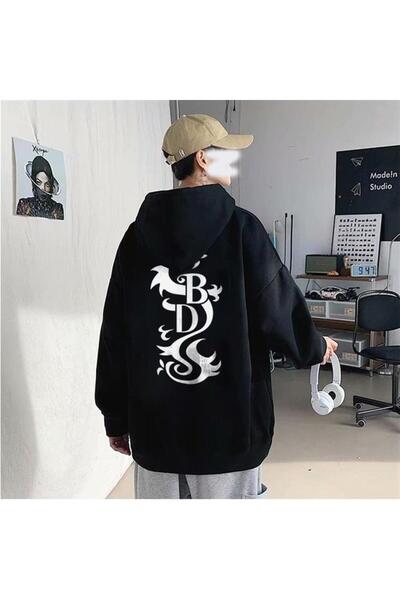 Toum touz Black Dragon Back Printed Μαύρο Unisex Oversize φούτερ με κουκούλα
