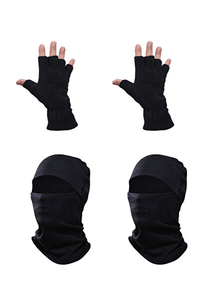 Mrey Erkek Siyah Termal Kışlık Polar Kesik Parmak Yarım Eldiven Kar Maskesi Bere Boyunluk 4'lü Set Takım