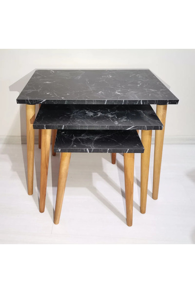 MASALL Sehpa 3'lü zigon siyah mermer lotus ekonomik