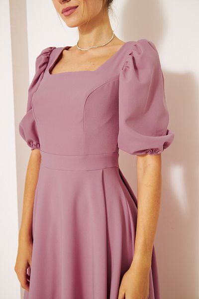 NO48 Dusty Rose Midi Μήκος Μπαλόνι Μανίκι Τετράγωνη Λαιμόκοψη Κοντό ελαστικό μανίκι υφαντό φόρεμα από ύφασμα
