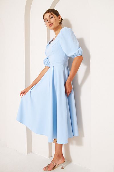 NO48 Baby Blue Midi Length Balloon Sleeve Square Collar Short Elastic Sleeve Woven Draped Fabric Dress