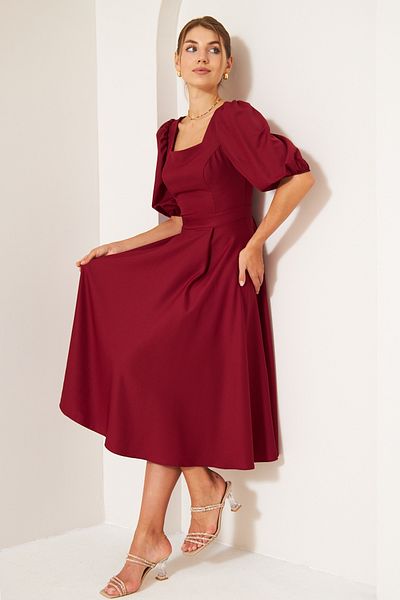 NO48 Burgundy Midi Length Balloon Sleeve Square Neck Short Elastic Sleeve Woven Draped Fabric Dress