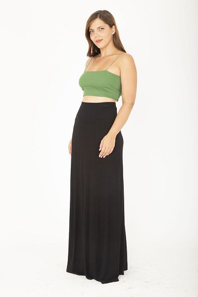 Şans Women's Large Size Black Maxi Skirt with Elastic Waist and Front Pocket Detail 65N36808