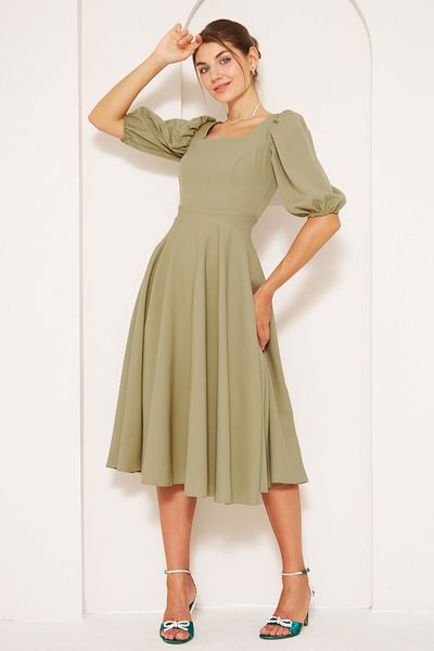 NO48 Oil Green Midi Length Balloon Sleeve Square Neck Short Elastic Sleeve Woven Draped Fabric Dress