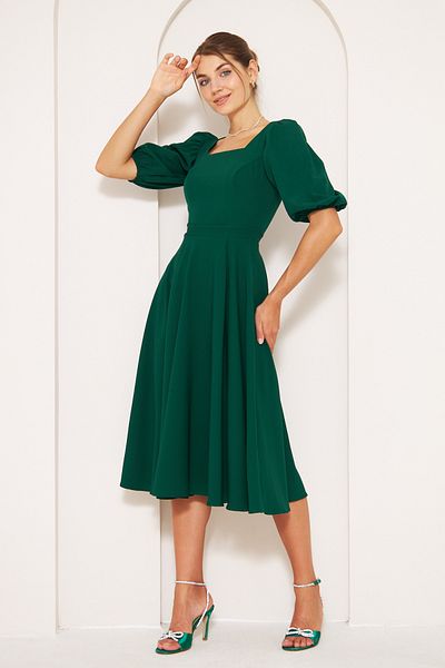 NO48 Emerald Midi Length Balloon Sleeve Square Neck Short Elastic Sleeve Woven Draped Fabric Dress