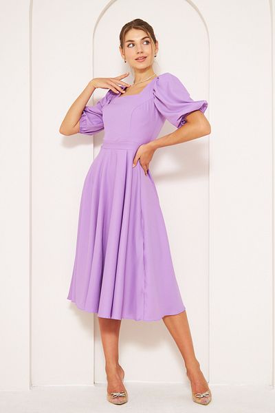 NO48 Lilac Midi Length Balloon Sleeve Square Neck Short Elastic Sleeve Woven Draped Fabric Dress