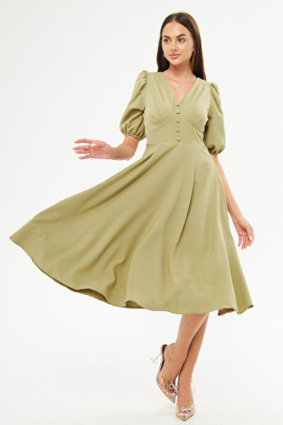 Bidoluelbise Μπαλόνι μανίκι V-λαιμόκοψη Ζώνη μπούστο Λεπτομέρεια Διακοσμητικό κουμπί στήθος Πλισέ υφαντό ντραπέ ύφασμα Midi φόρεμα