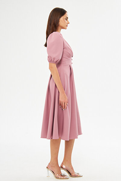 Bidoluelbise Μπαλόνι μανίκι V-λαιμόκοψη Ζώνη μπούστο Λεπτομέρεια Διακοσμητικό κουμπί στήθος Πλισέ υφαντό ντραπέ ύφασμα Midi φόρεμα