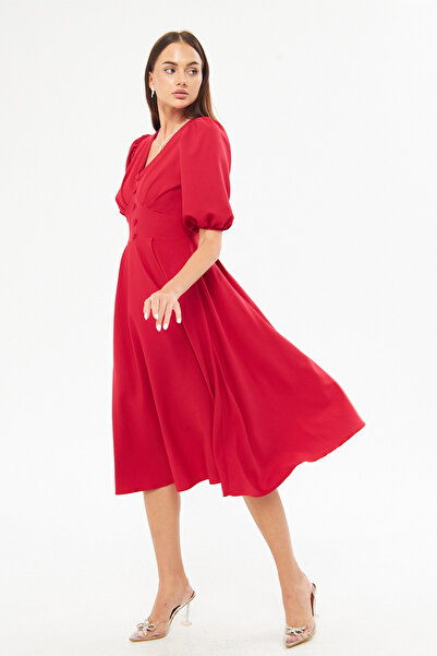 Bidoluelbise Balloon Sleeve V-neck Corsage Belt Detail Ornamental Buttoned Chest Pleated Woven Draped Fabric Midi Dress