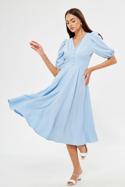 Bidoluelbise Balloon Sleeve V-neck Corsage Belt Detail Ornamental Buttoned Chest Pleated Woven Draped Fabric Midi Dress