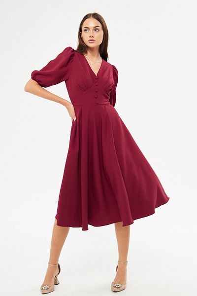 Bidoluelbise Balloon Sleeve V-neck Corsage Belt Detail Ornamental Buttoned Chest Pleated Woven Draped Fabric Midi Dress