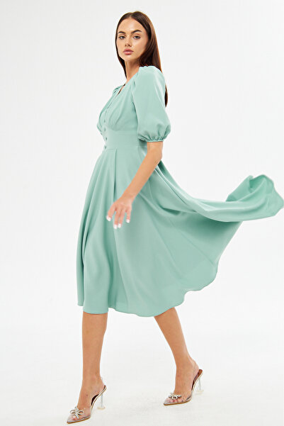 Bidoluelbise Μπαλόνι μανίκι V-λαιμόκοψη Ζώνη μπούστο Λεπτομέρεια Διακοσμητικό κουμπί στήθος Πλισέ υφαντό ντραπέ ύφασμα Midi φόρεμα