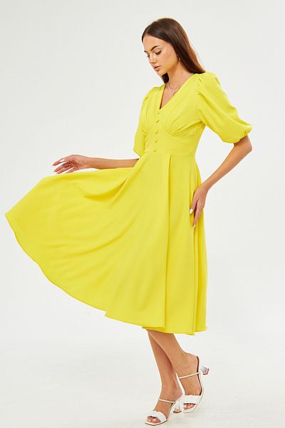 Bidoluelbise Balloon Sleeve V-neck Corsage Belt Detail Ornamental Buttoned Chest Pleated Woven Draped Fabric Midi Dress