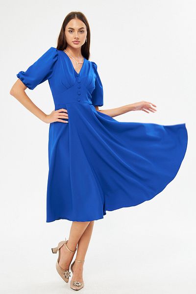 Bidoluelbise Balloon Sleeve V-neck Corsage Belt Detail Ornamental Buttoned Chest Pleated Woven Draped Fabric Midi Dress