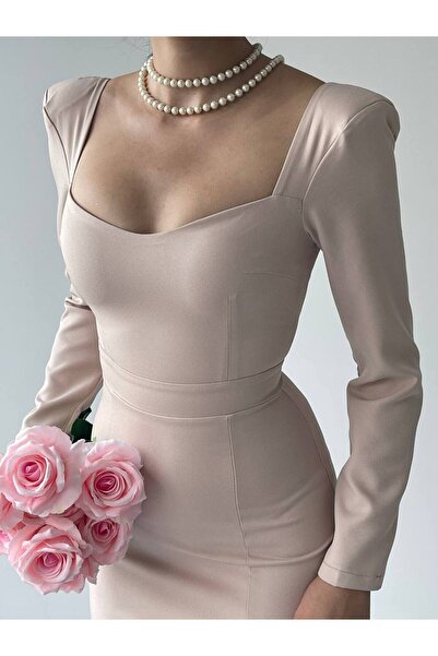 SONREİR KALP YAKA YIRTMAÇLI UZUN ELBİSE