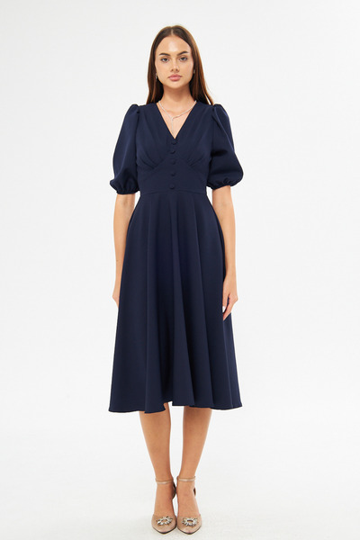 Bidoluelbise Balon Kol V Yaka Korsaj Kemer Detay Süs Düğmeli Göğüs Pileli Dokuma Dökümlü Kumaş Midi Boy Elbise