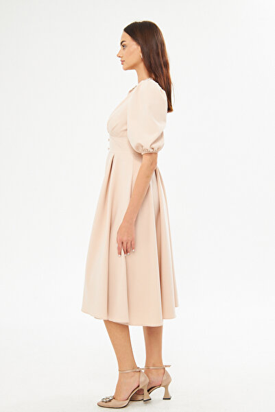 Bidoluelbise Balon Kol V Yaka Korsaj Kemer Detay Süs Düğmeli Göğüs Pileli Dokuma Dökümlü Kumaş Midi Boy Elbise