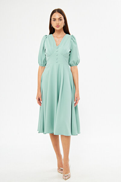 Bidoluelbise Μπαλόνι μανίκι V-λαιμόκοψη Ζώνη μπούστο Λεπτομέρεια Διακοσμητικό κουμπί στήθος Πλισέ υφαντό ντραπέ ύφασμα Midi φόρεμα