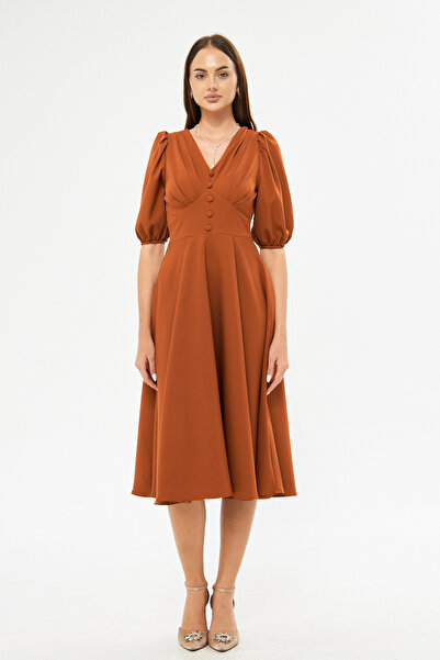 Bidoluelbise Μπαλόνι μανίκι V-λαιμόκοψη Ζώνη μπούστο Λεπτομέρεια Διακοσμητικό κουμπί στήθος Πλισέ υφαντό ντραπέ ύφασμα Midi φόρεμα