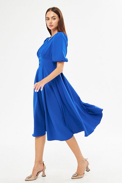 Bidoluelbise Balloon Sleeve V-neck Corsage Belt Detail Ornamental Buttoned Chest Pleated Woven Draped Fabric Midi Dress