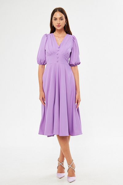 Bidoluelbise Balloon Sleeve V-neck Corsage Belt Detail Ornamental Buttoned Chest Pleated Woven Draped Fabric Midi Dress