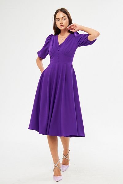 Bidoluelbise Balloon Sleeve V-neck Corsage Belt Detail Ornamental Buttoned Chest Pleated Woven Draped Fabric Midi Dress