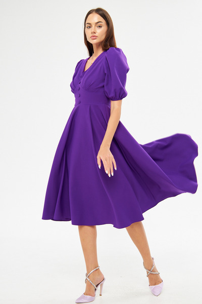 Bidoluelbise Μπαλόνι μανίκι V-λαιμόκοψη Ζώνη μπούστο Λεπτομέρεια Διακοσμητικό κουμπί στήθος Πλισέ υφαντό ντραπέ ύφασμα Midi φόρεμα