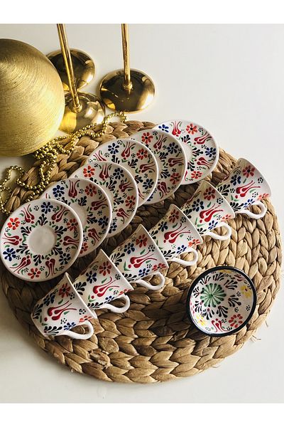 Den Tasarım Hediyelik Mother's Day Special Colorful Daisy Handmade Embroidered 6-Person Coffee Cup Set and Bowl