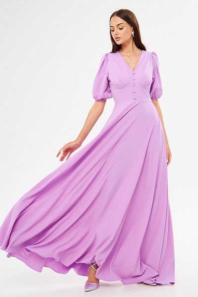 Bidoluelbise Balloon Sleeve V-neck Corsage Belt Detail Ornamental Buttoned Chest Pleated Woven Draped Fabric Maxi Length Dress