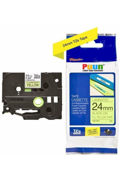 PUUN Brother P-Touch TZE-C51 24mm X 8m Evidențiat Galben Negru pe Galben Bandă de etichete de laminare compatibilă