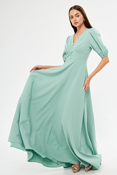 Bidoluelbise Μπαλόνι μανίκι V-λαιμόκοψη λεπτομέρεια ζώνη κορσάζ Διακοσμητικό στήθος με πλισέ υφαντό ντραπέ Φόρεμα μήκους